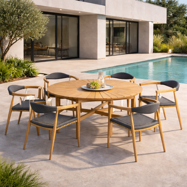 Conjunto mesa redonda de teca y sillones de teca y cuerda - Wanda Collection