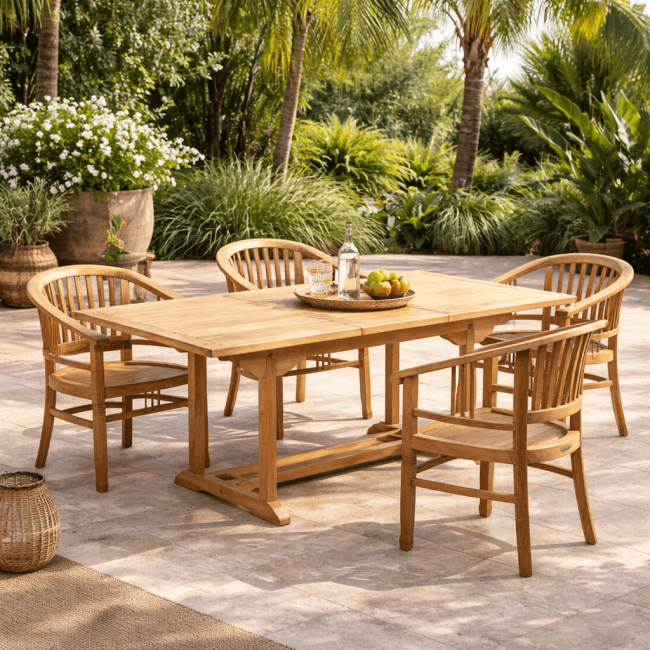 Conjunto de mesa de jardín de teca Nina 160/210 y 4 sillones Romane - Wanda Collection