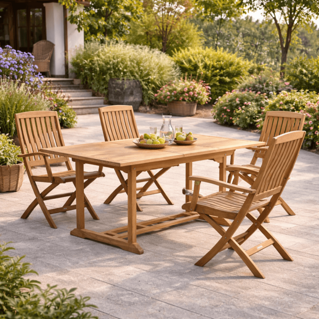 Conjunto de mesa de jardín de teca Nina 160/210 y 4 sillones Lisato - Wanda Collection