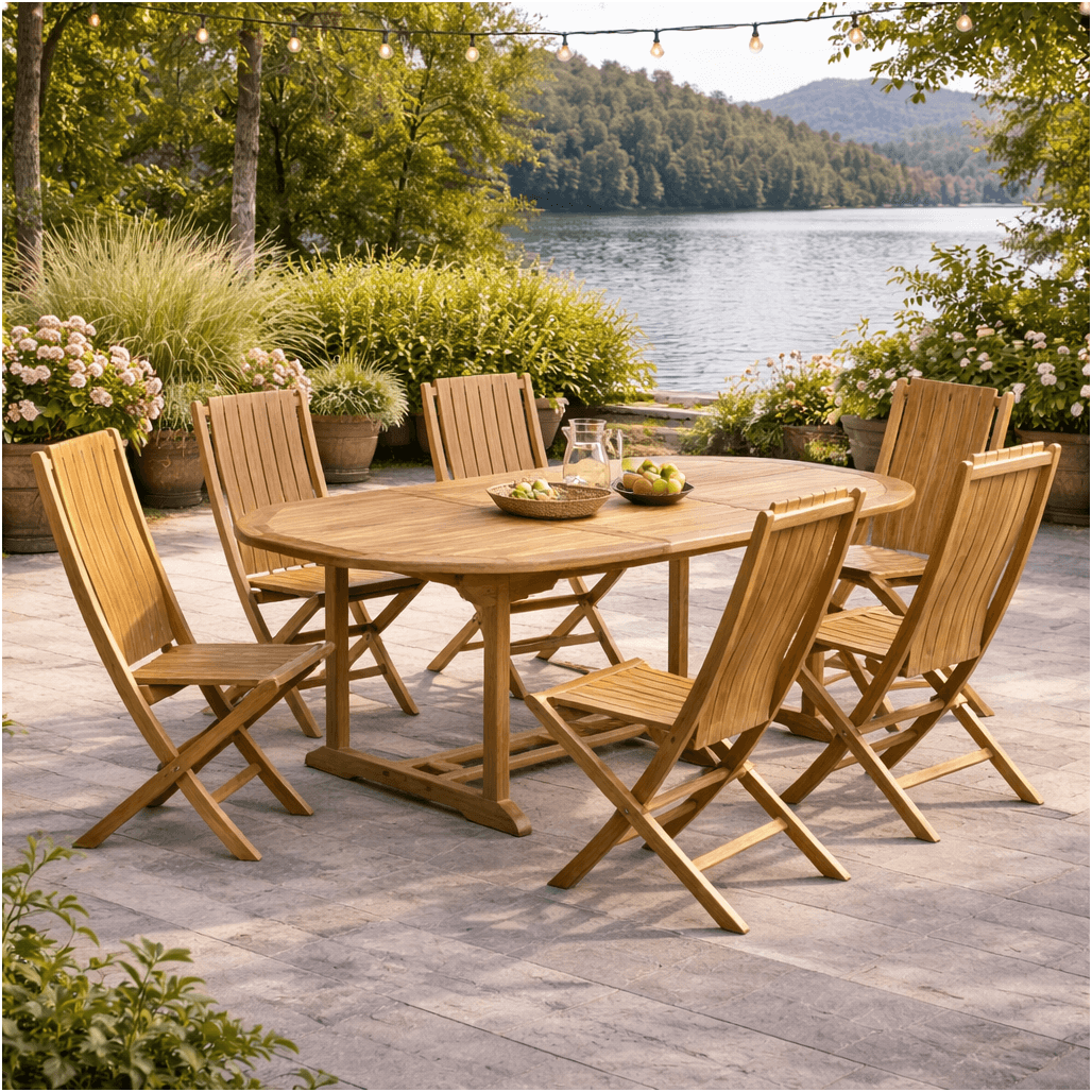 Conjunto de mesa de jardín ovalada de teca Nina 160/210 y 6 sillas Helza - Wanda Collection Conjunto de mesa de jardín ovalada de teca Nina 160/210 y 6 sillas Helza - Wanda Collection