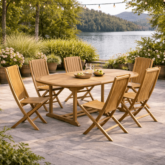 Conjunto de mesa de jardín ovalada de teca Nina 160/210 y 6 sillas Helza - Wanda Collection