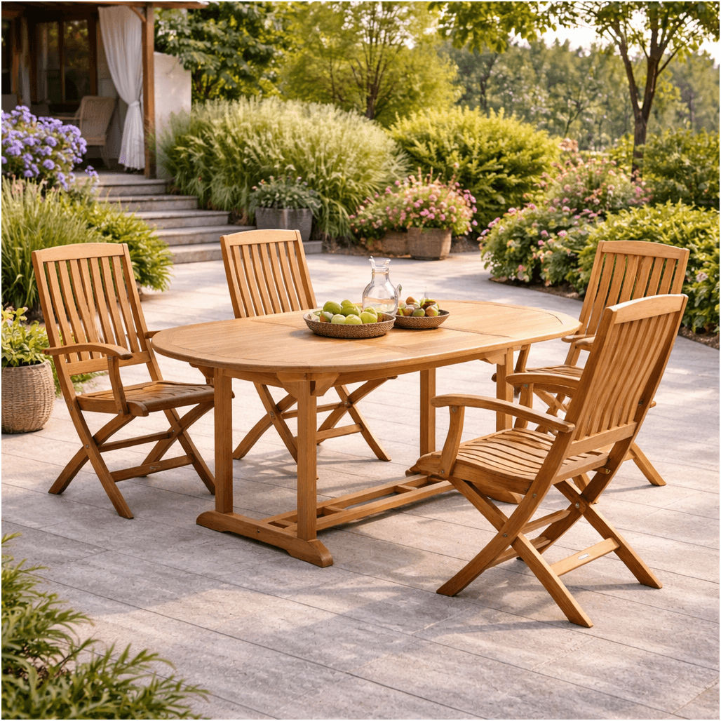 Conjunto mesa de jardín de teca ovalada Nina 160/210 y 4 sillones Lisato - Wanda Collection