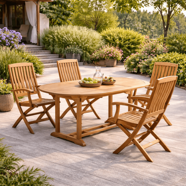 Conjunto mesa de jardín de teca ovalada Nina 160/210 y 4 sillones Lisato - Wanda Collection