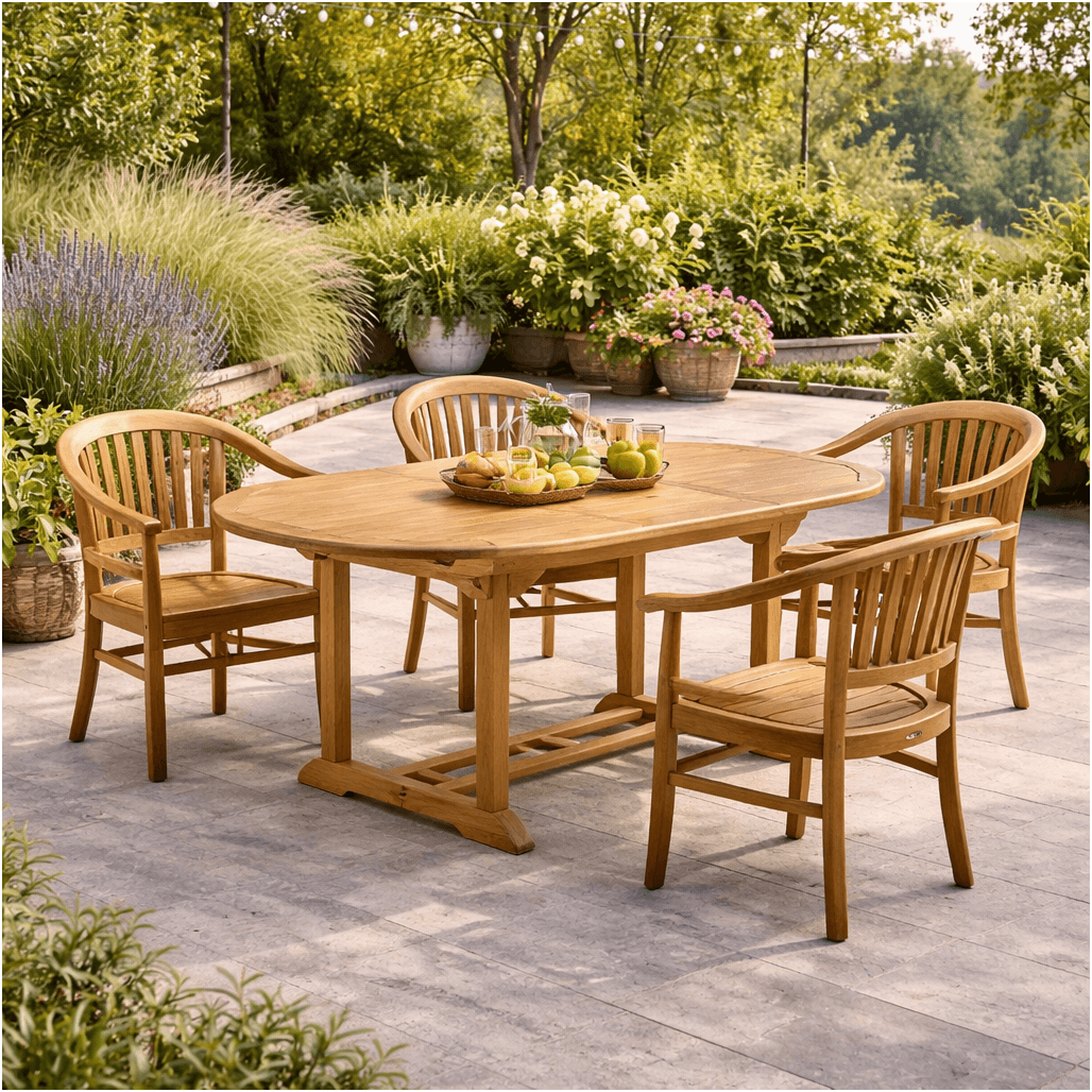 Conjunto mesa de jardín de teca ovalada Nina 160/210 y 4 sillones Romane - Wanda Collection