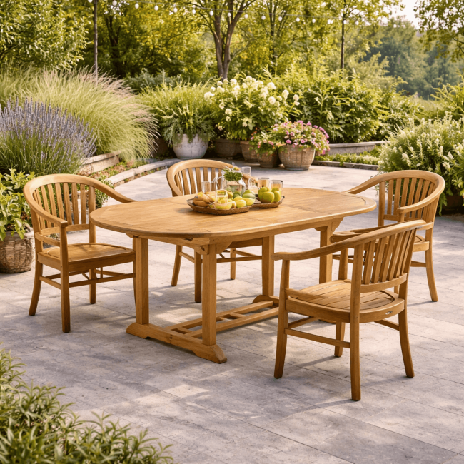 Conjunto mesa de jardín de teca ovalada Nina 160/210 y 4 sillones Romane - Wanda Collection