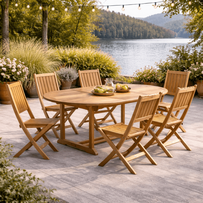 Conjunto de mesa de jardín de teca ovalada Nina 160/210 y 6 sillas Tosca - Wanda Collection