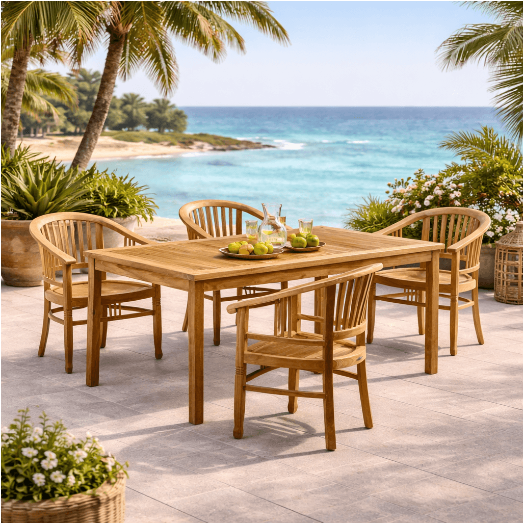 Conjunto de mesa de jardín de teca Frida 150 y 4 sillones Romane - Wanda Collection Conjunto de mesa de jardín de teca Frida 150 y 4 sillones Romane - Wanda Collection