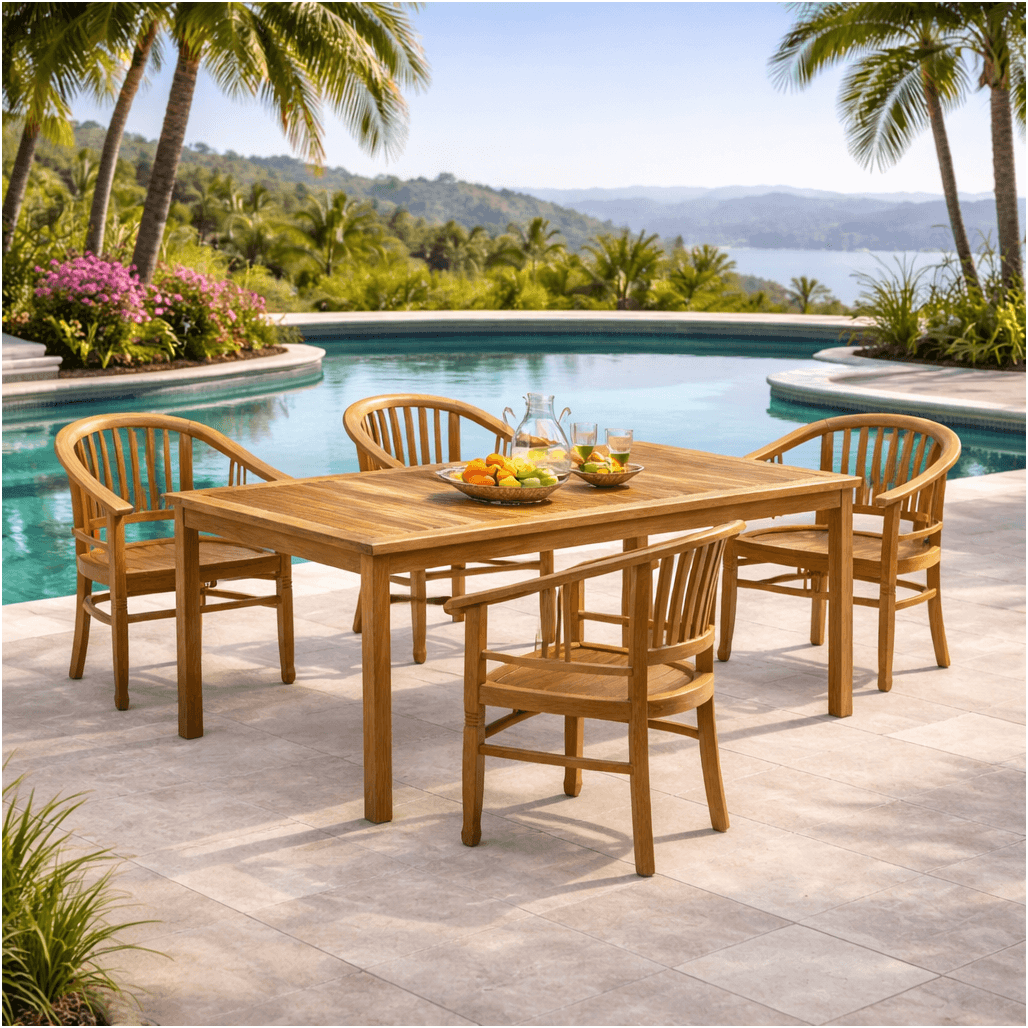 Conjunto de mesa de jardín de teca Frida 200 y 4 sillones Romane - Wanda Collection Conjunto de mesa de jardín de teca Frida 200 y 4 sillones Romane - Wanda Collection