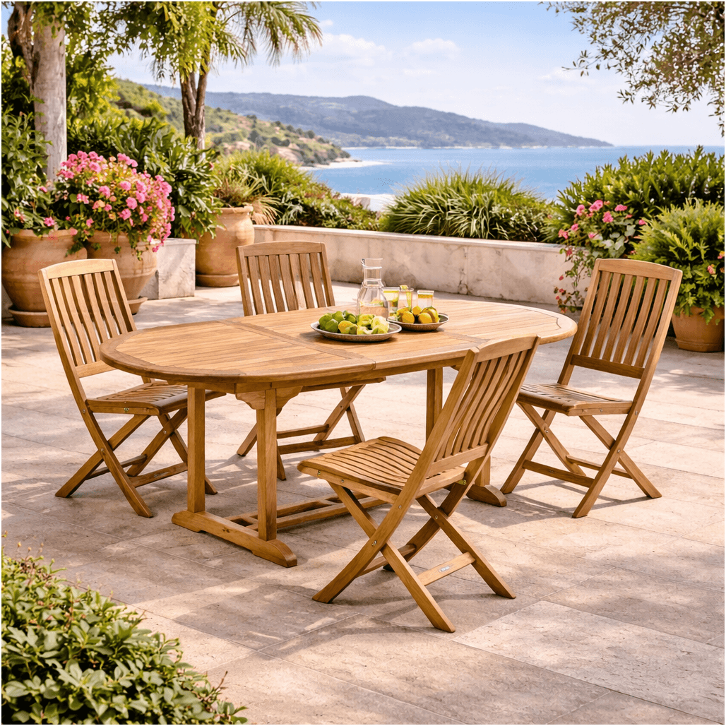 Conjunto mesa de jardín de teca ovalada Nina 160/210 y 4 sillas Lisato - Wanda Collection Conjunto mesa de jardín de teca ovalada Nina 160/210 y 4 sillas Lisato - Wanda Collection