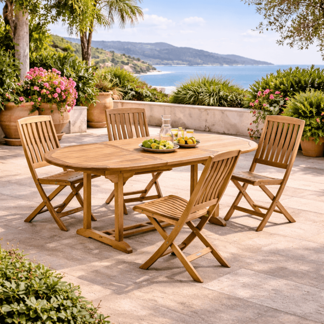 Conjunto mesa de jardín de teca ovalada Nina 160/210 y 4 sillas Lisato - Wanda Collection