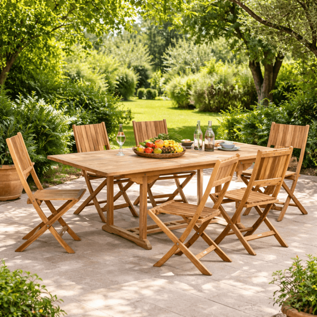Conjunto de mesa de jardín de teca Nina 160/210 y 6 sillas Tosca - Wanda Collection