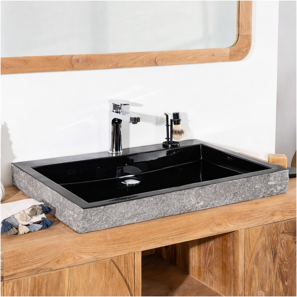 Lavabo sobre encimera grande 70 cm rectángulo de piedra mármol Cosy negro