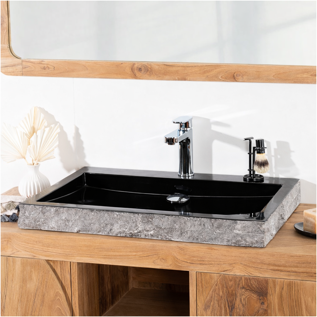 Lavabo sobre encimera grande 70 cm rectángulo de piedra mármol Cosy negro