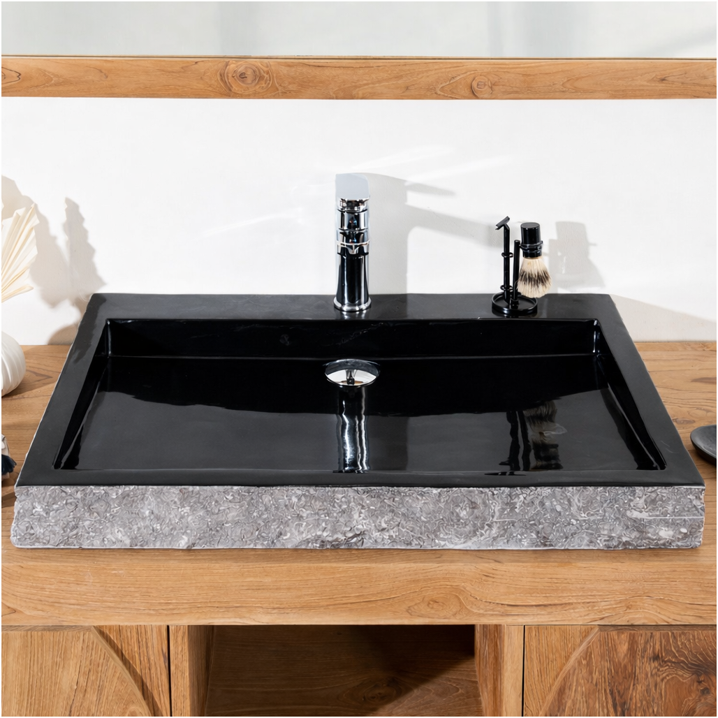Lavabo sobre encimera grande 70 cm rectángulo de piedra mármol Cosy negro