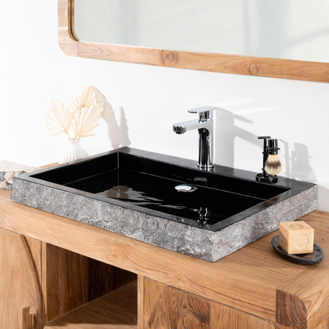 Lavabo sobre encimera grande 70 cm rectángulo de piedra mármol Cosy negro