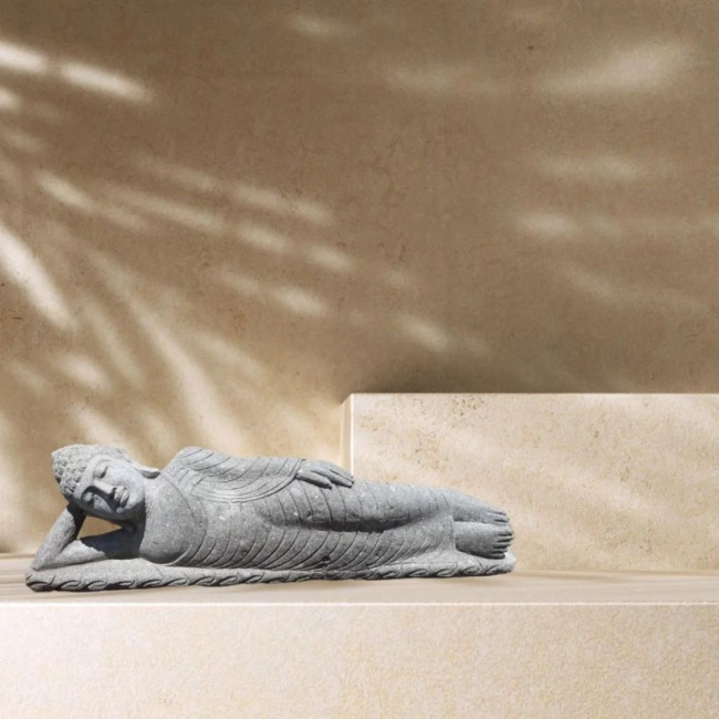 Estatua Buda tumbado, piedra maciza volcánica, 1 m