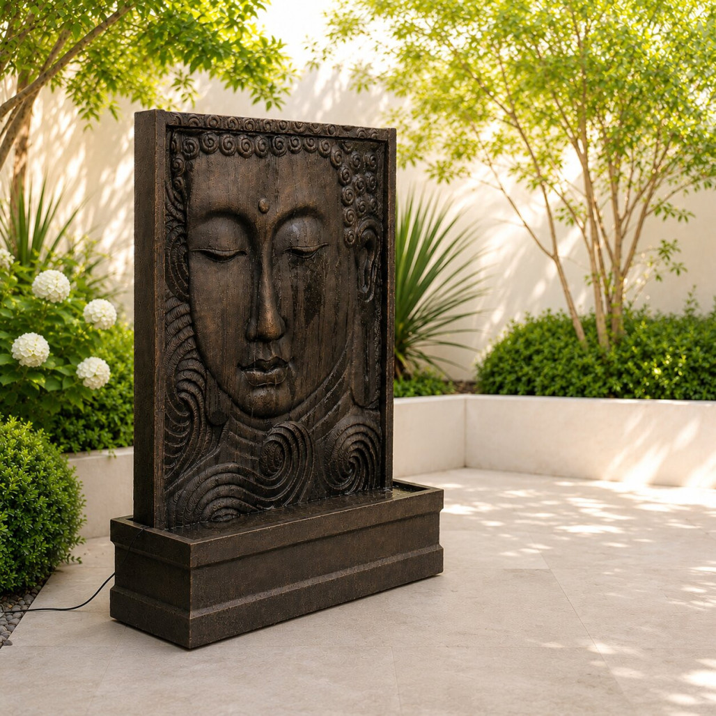 Pared de agua con rostro de Buda marrón antiguo de 155 cm