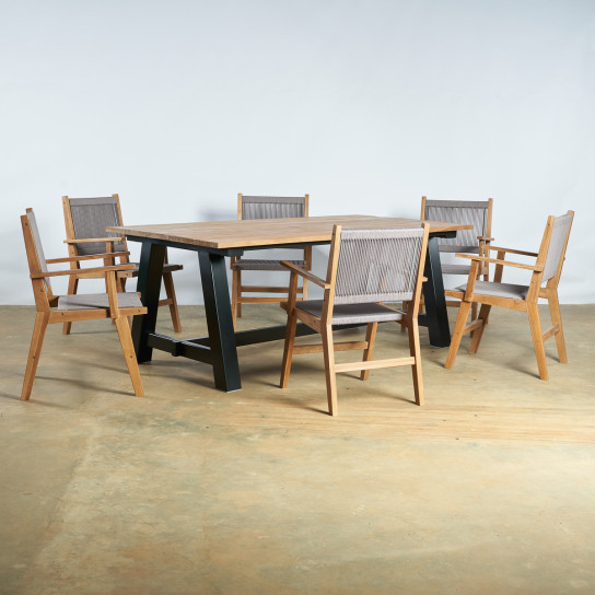 Conjunto de mesa de jardín de teca y 6 sillones gris