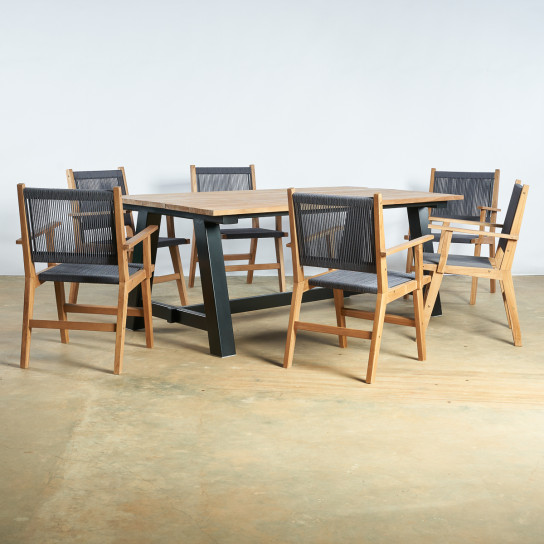 Conjunto de mesa de jardín de teca y 6 sillones gris oscuro