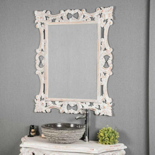 Espejo Barroco de madera con pátina blanca 100 x 80 cm