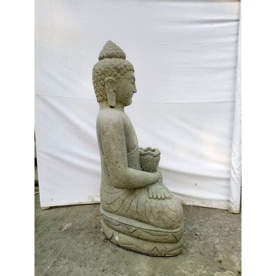 Estatua de jardín buda sentado de piedra volcánica posición ofrenda bol 100cm