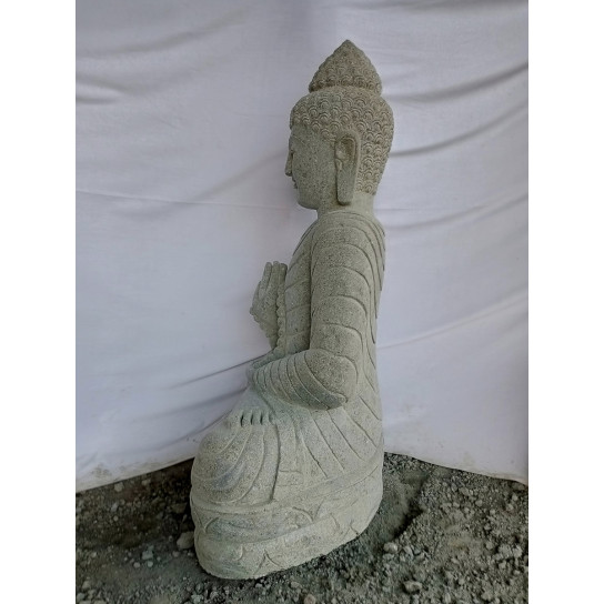 Estatua de jardín zen buda de piedra en posición de ofrenda con rosario 1 m