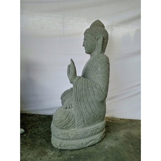 Estatua exterior buda sentado piedra volcánica posición meditación 1 m