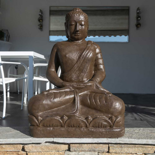 Estatua jardín buda sentado de fibra posición ofrenda 105 cm marrón