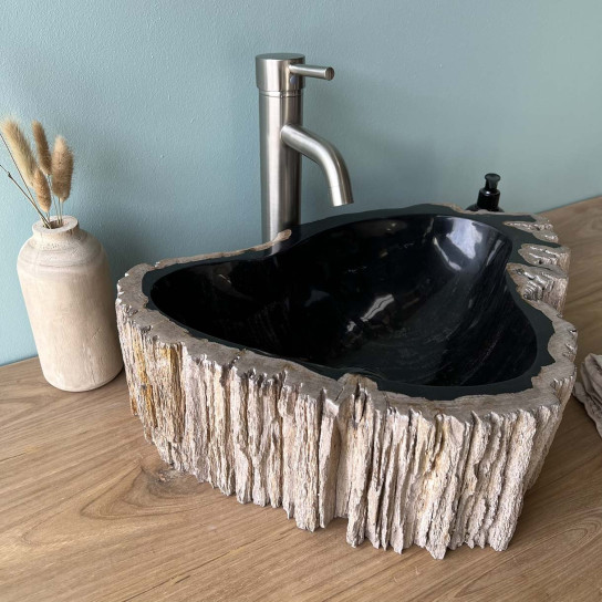 Lavabo de cuarto de baño de madera petrificada fosilizada negro