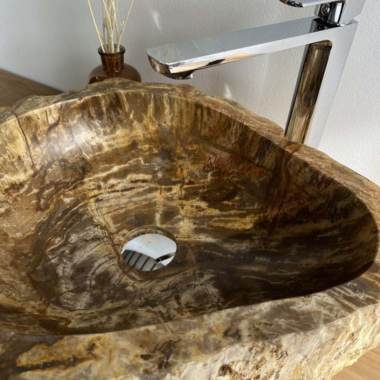 Lavabo encimera para cuarto de baño de madera petrificada beis interior negro 50 cm
