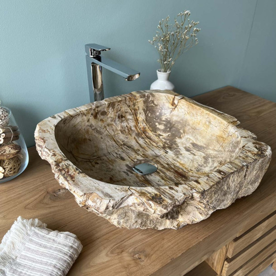 Lavabo encimera para cuarto de baño de madera petrificada fosilizada 54 cm