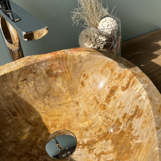 Lavabo encimera para cuarto de baño de madera petrificada fosilizada interior marron 40 cm