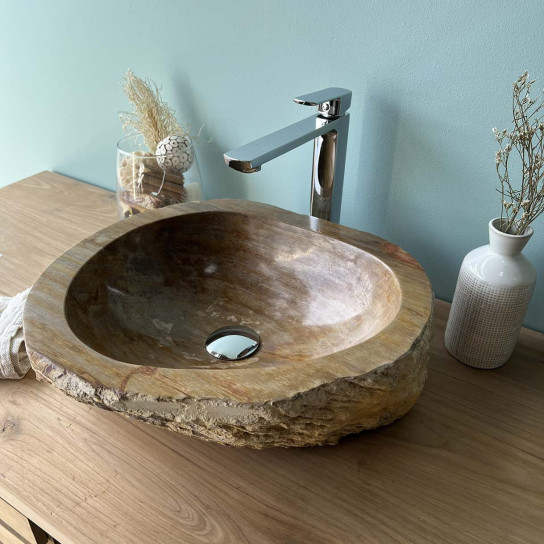 Lavabo para cuarto de baño de madera petrificada fosilizada beis y negra 40 cm