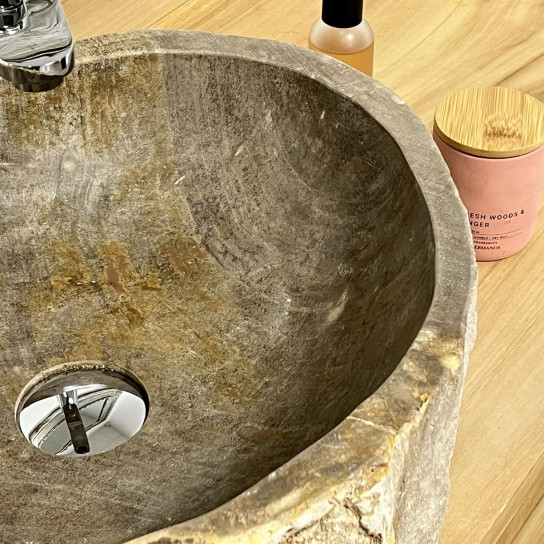 Lavabo para cuarto de baño de madera petrificada fosilizada marrón beis negra 40 cm