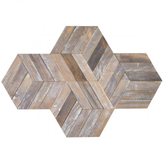 Revestimiento de pared de teca reciclada patinada hexagonal placas 28x24 cm