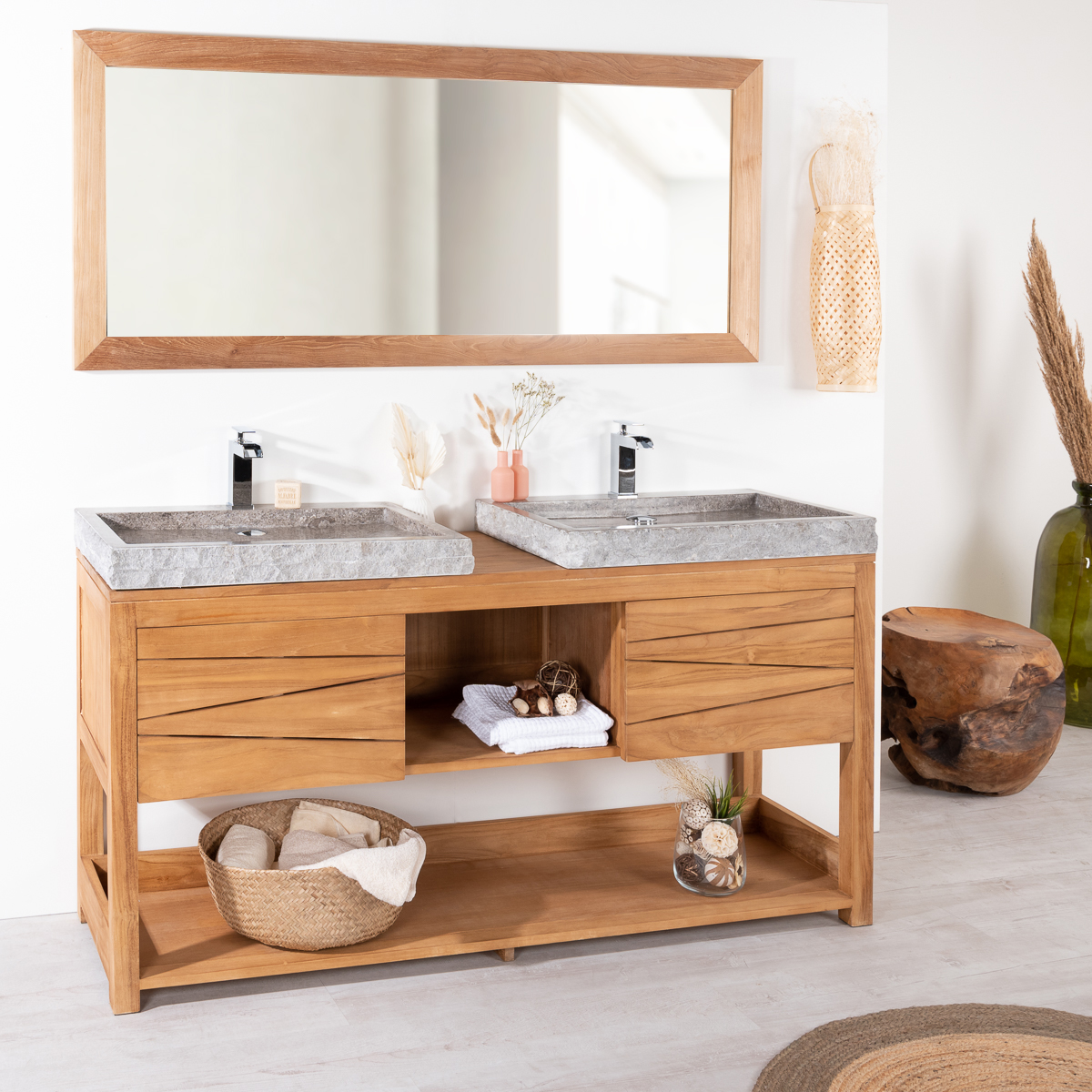 Mueble de baño doble seno de teca y mármol gris 160 cm
